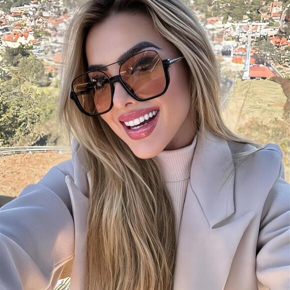 Retro Oversized Aviator Sunglasses for Women Men Square Semi-Rimless Sun Glasses - Picture 3 of 9